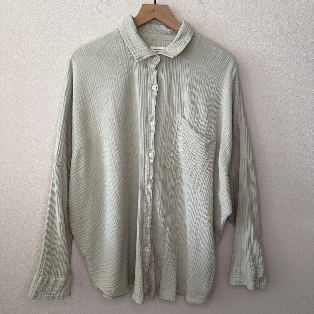 AMERICAN EAGLE Womens Cotton Gauze Button Down Top Size L Boho Beachy Oversized